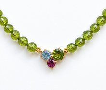 Load image into Gallery viewer, 9ct Yellow Gold Peridot, Aquamarine and Rhodolite Garnet Trio Necklace. JGPN1
