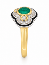 Load image into Gallery viewer, 9ct Yellow Gold Emerald, Diamond and Balck Enamel Ring. MMC881B
