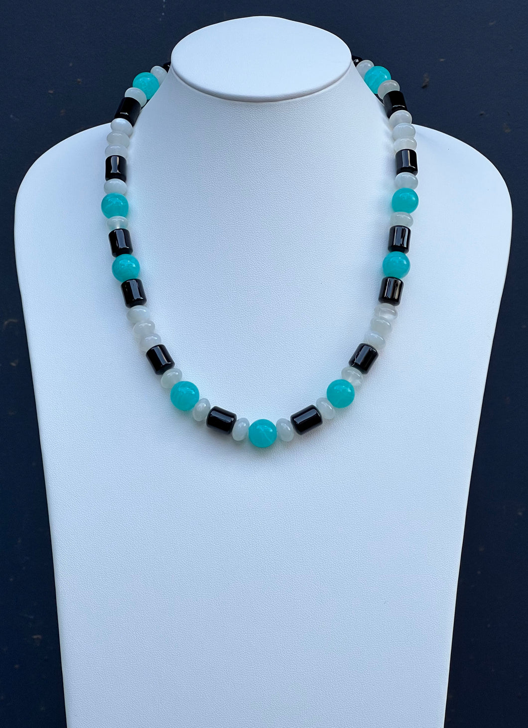 Amazonite Moonstone and Onyx Beaded Necklace.