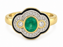 Load image into Gallery viewer, 9ct Yellow Gold Emerald, Diamond and Balck Enamel Ring. MMC881B
