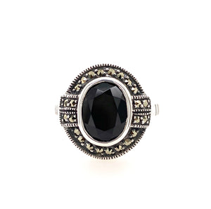 Sterling Silver Onyx and Marcasite Ring AM18-1002ON