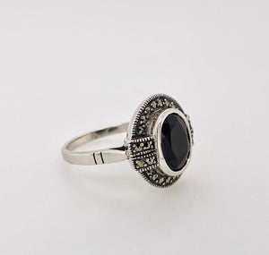 Sterling Silver Onyx and Marcasite Ring AM18-1002ON