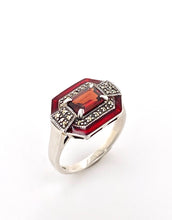 Load image into Gallery viewer, Sterling Silver Marcasite Enamel and Gemstone Ring. AM18-159
