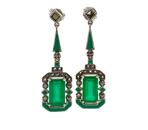 Sterling Silver Marcasite, Green Agate and Enamel Drop Earrings AM43-333