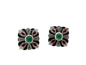 Sterling Silver Marcasite, Green Agate, Opal, Red and Black Enamel Studs. 43-334