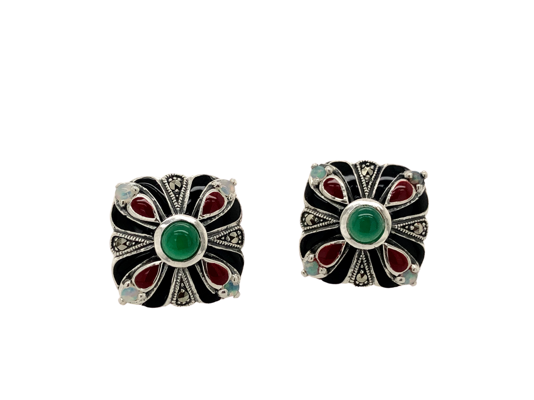 Sterling Silver Marcasite, Green Agate, Opal, Red and Black Enamel Studs. 43-334