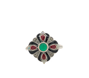 Sterling Silver Marcasite, Green Agate, Opal, Red and Black enamel Ring AM18-1069