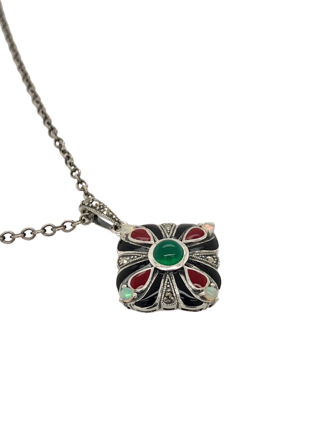 Sterling Silver Marcasite, Green Agate, Opal, Red and Black Enamel Pendant and chain. AM72-808