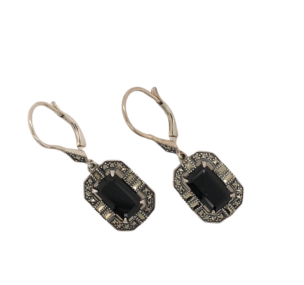 Sterling Silver Marcasite and Onyx Lever Back Earrings. 43-261