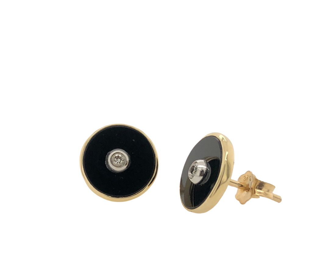 9ct Yellow Gold Onyx and Diamond Studs.