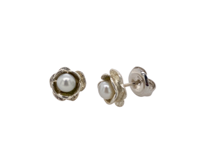 Sterling Silver and Pearl Tiny Rose Studs. J269P