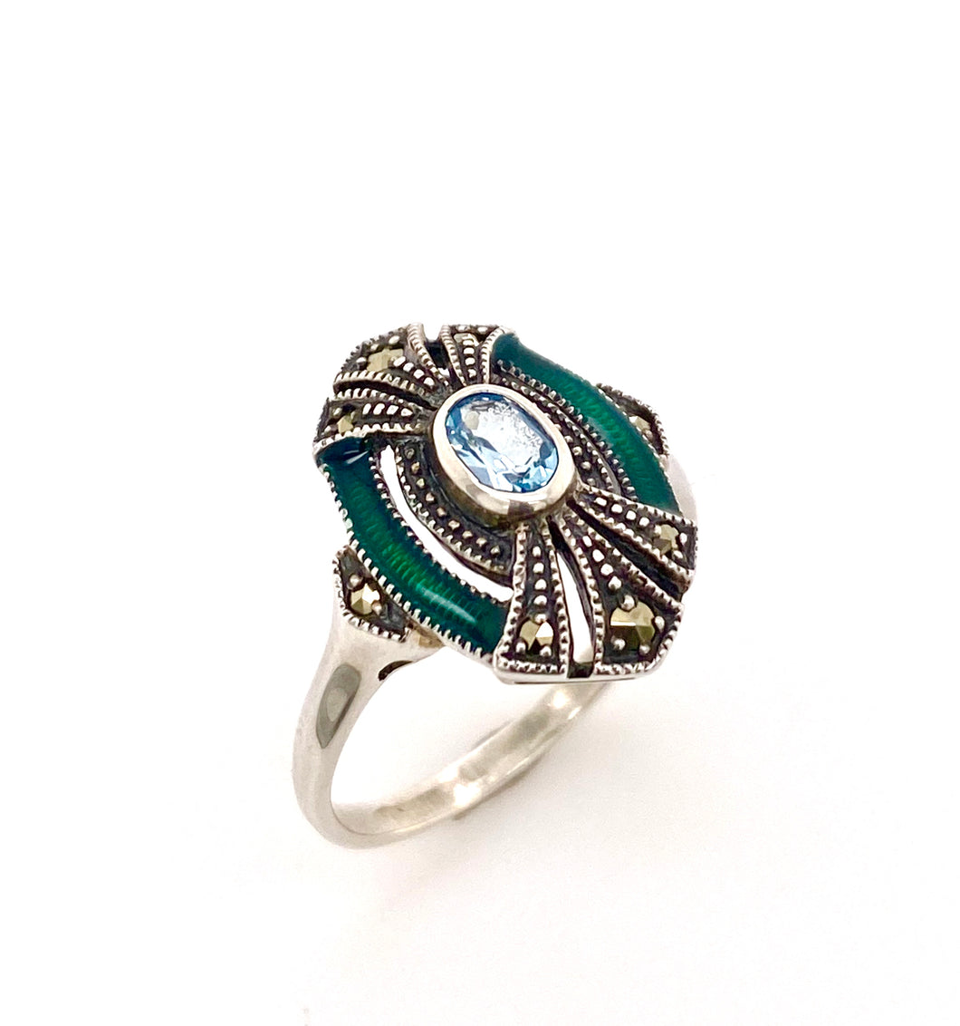 Sterling silver Marcasite Enamel and Gemstone Ring. A18-158