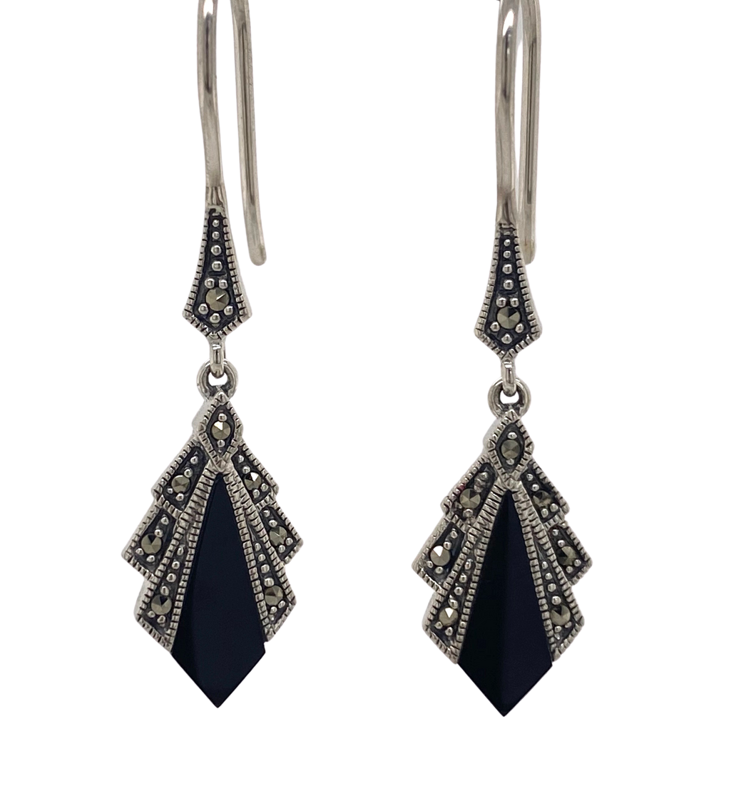 Sterling Silver Marcasite and Onyx Earrings AM43-272
