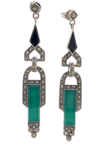 Sterling Silver Marcasite Green Agate and Onyx Earrings AM43-321