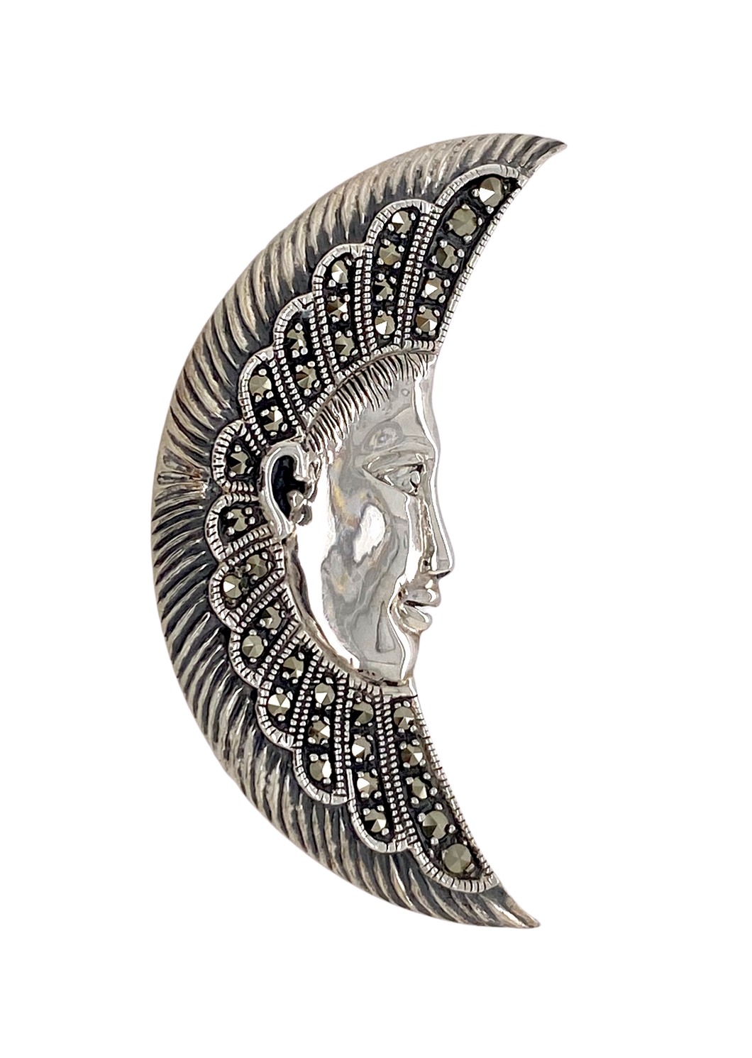 Sterling Silver Marcasite Moon Face Brooch.  AM55-215