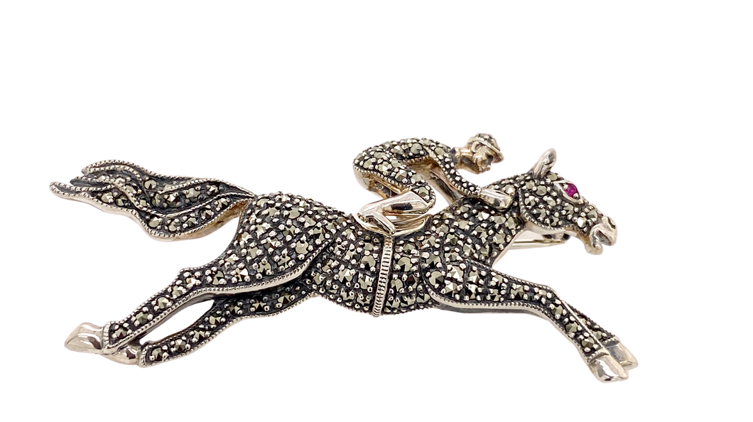 Sterling Silver Marcasite Horse and Jockey Brooch. AM55-145