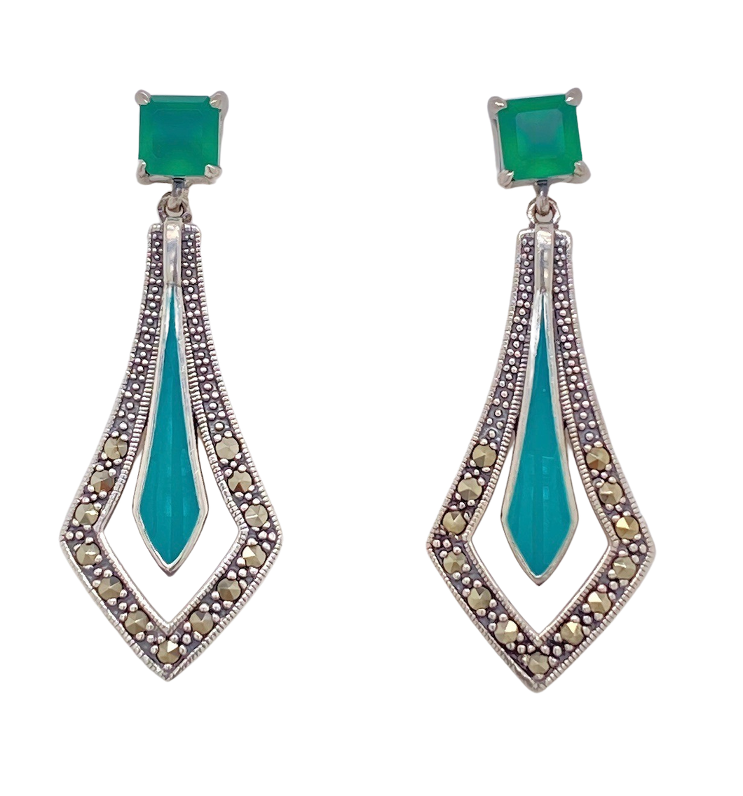 Sterling Silver Marcasite Green Agate Earrings. 43-349