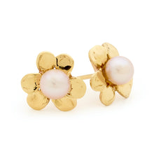 Load image into Gallery viewer, Handmade 9ct Gold flower stud earrings featuring 4–5mm cultured pearls crafted in Melbourne by Jeeba Jewellery.
