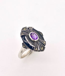Sterling silver Marcasite Enamel and Gemstone Ring. A18-158