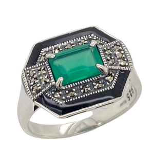 Sterling Silver Marcasite, Green Agate and Black Enamel Ring. AM18-159GAG