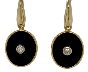 9ct Yellow Gold Oval Onyx and Diamond Earrings.