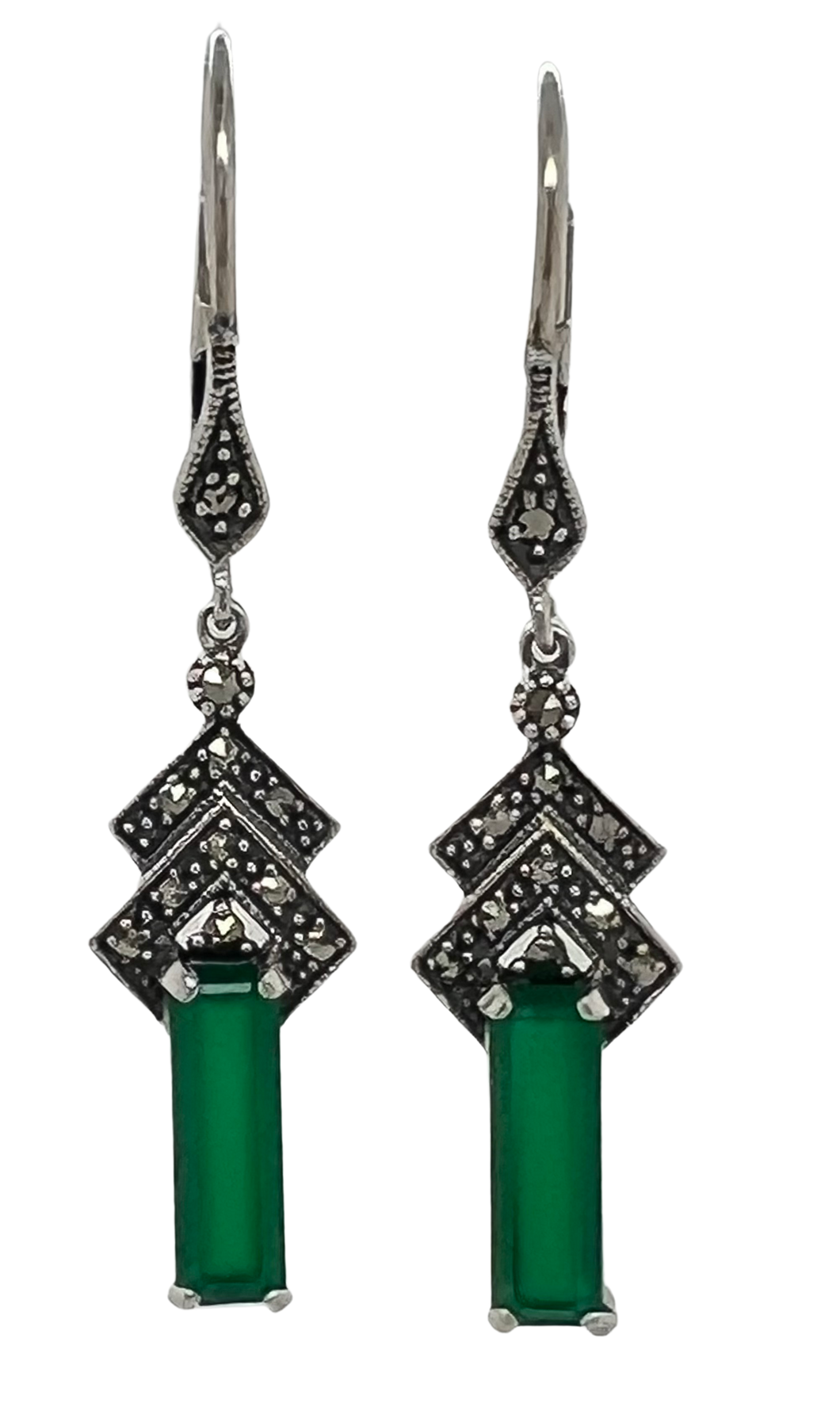 Sterling Silver Marcasite and Green Agate Earrings AM43–255