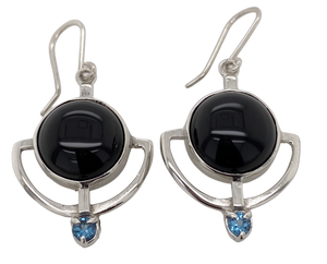 Sterling Silver Onyx and Blue Topaz Plymouth Earrings