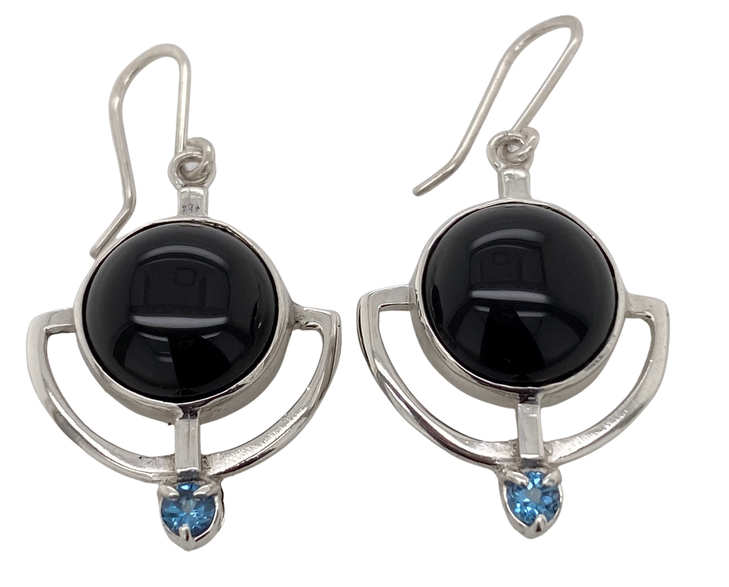 Sterling Silver Onyx and Blue Topaz Plymouth Earrings