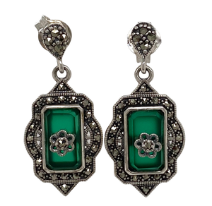 Sterling Silver Marcasite and Green Agate Earrings. AM43-337
