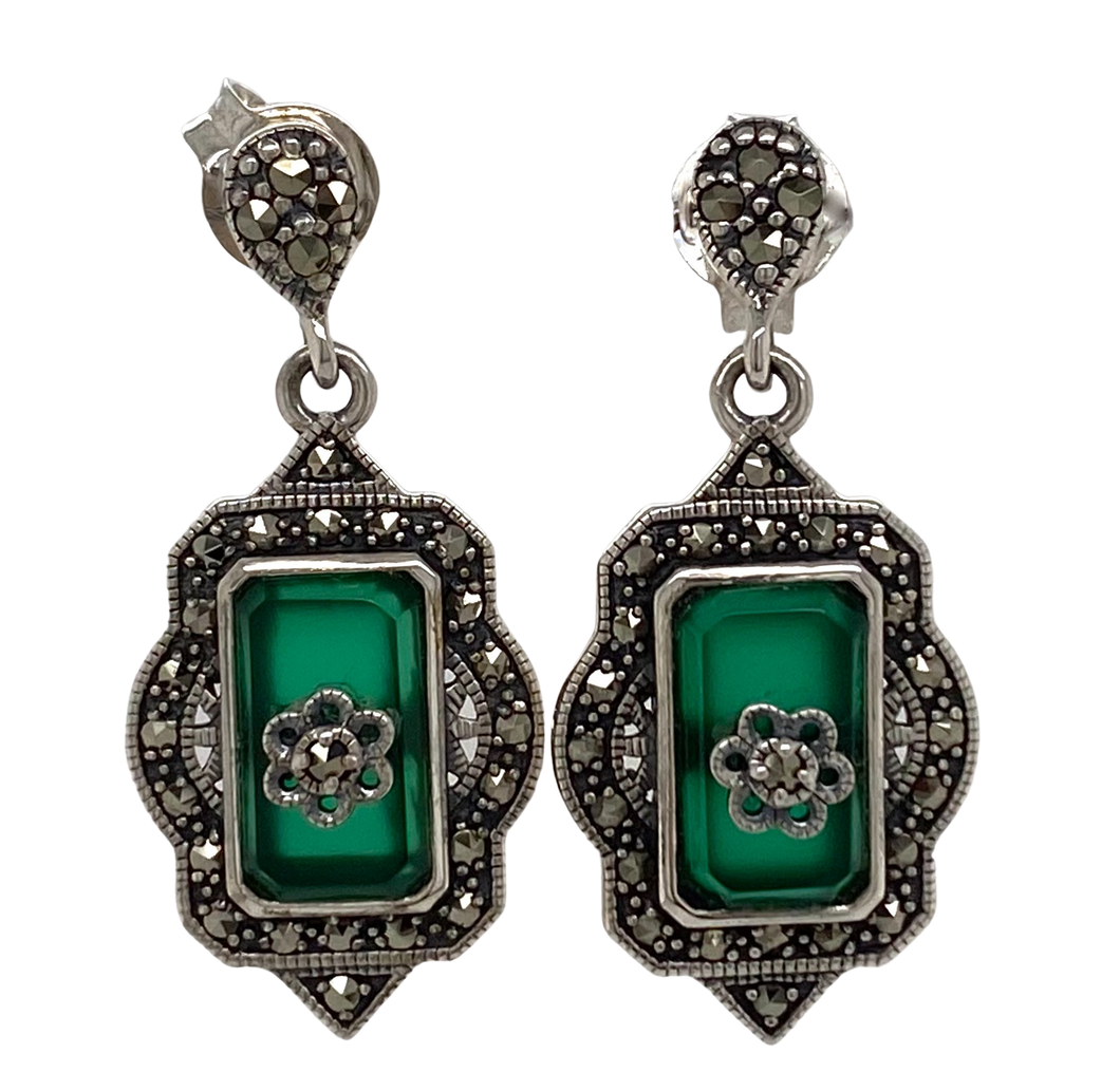 Sterling Silver Marcasite and Green Agate Earrings. AM43-337