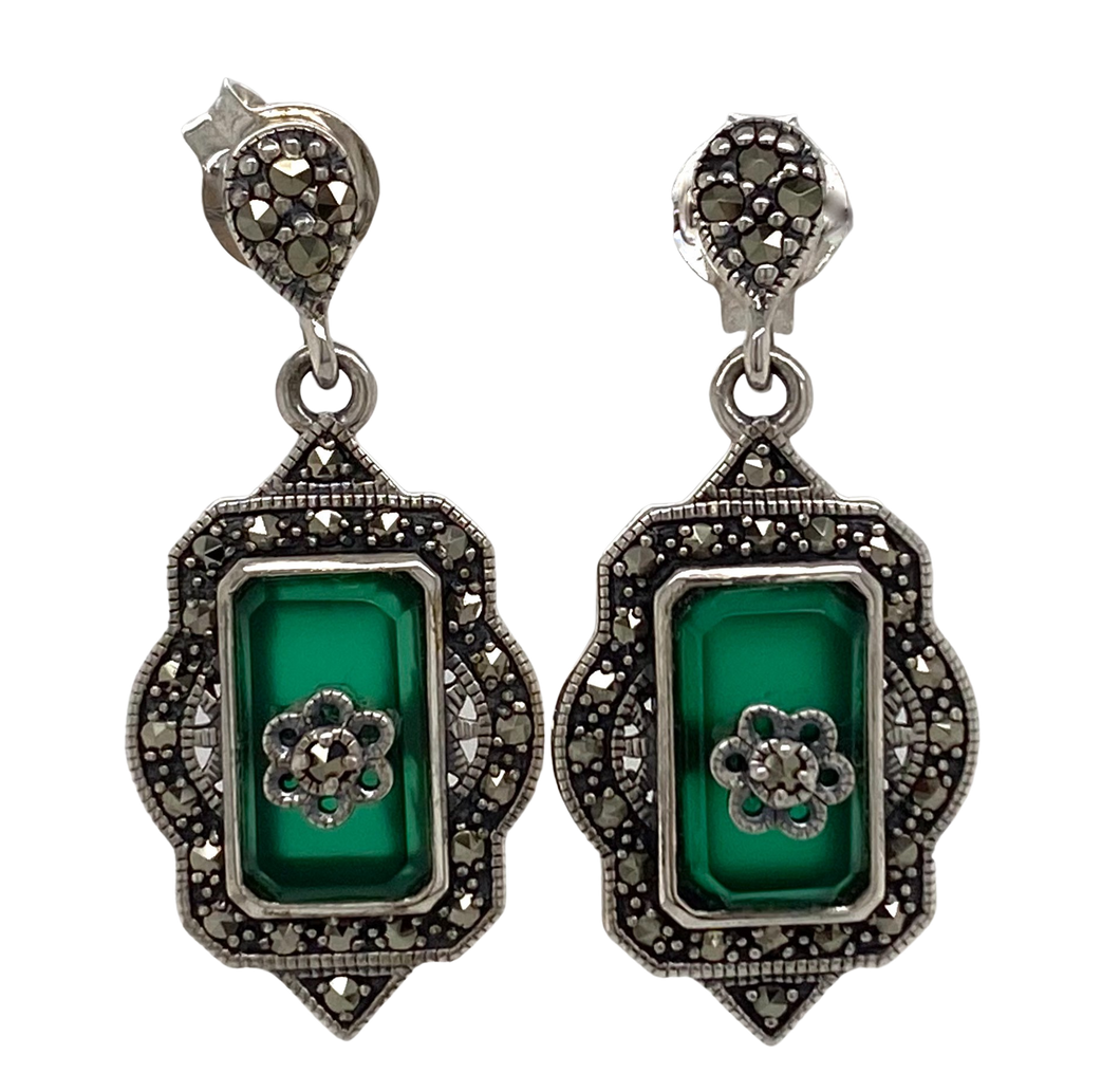 Sterling Silver Marcasite and Green Agate Earrings. AM43 337