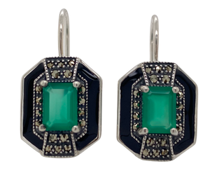 Sterling Silver Marcasite, Green Agate and Black Enamel Earrings. 43-189GAG