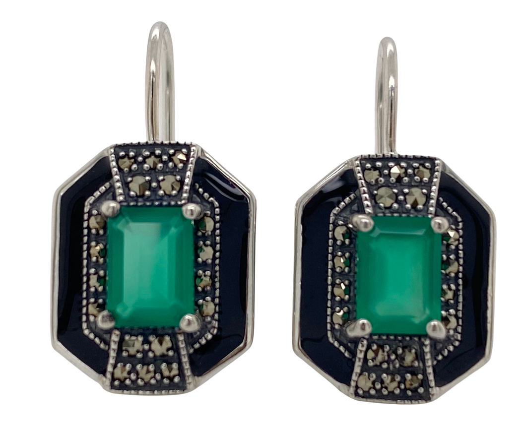 Sterling Silver Marcasite, Green Agate and Black Enamel Earrings. 43-189GAG