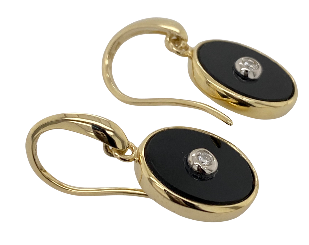 9ct Yellow Gold Oval Onyx and Diamond Earrings.