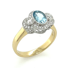 9ct Gold Aquamarine and Diamond Ring. M.M1776