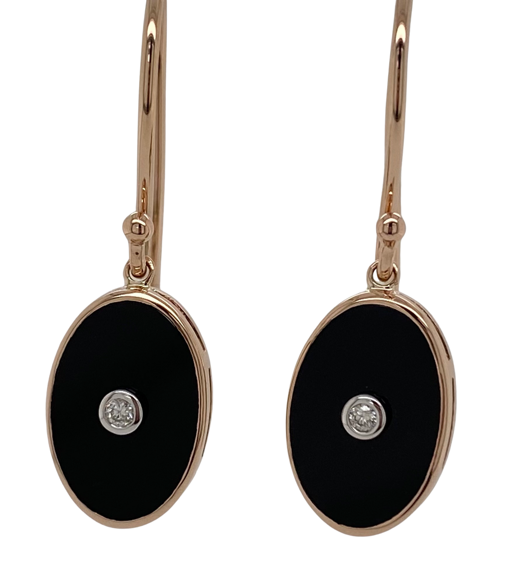 9ct Rose Gold Oval Onyx and Diamond Earrings MM - E746