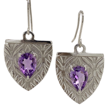 Load image into Gallery viewer, Sterling Silver Amethyst Medieval Shield Earrings. J476SA
