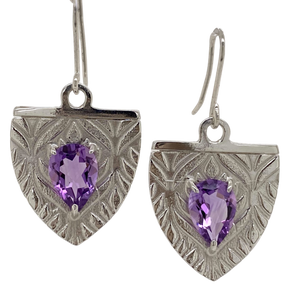 Sterling Silver Amethyst Medieval Shield Earrings. J476SA