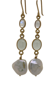 9ct Yellow Gold Rainbow Moonstone, Blue Agate and Baroque Pearl Earrings