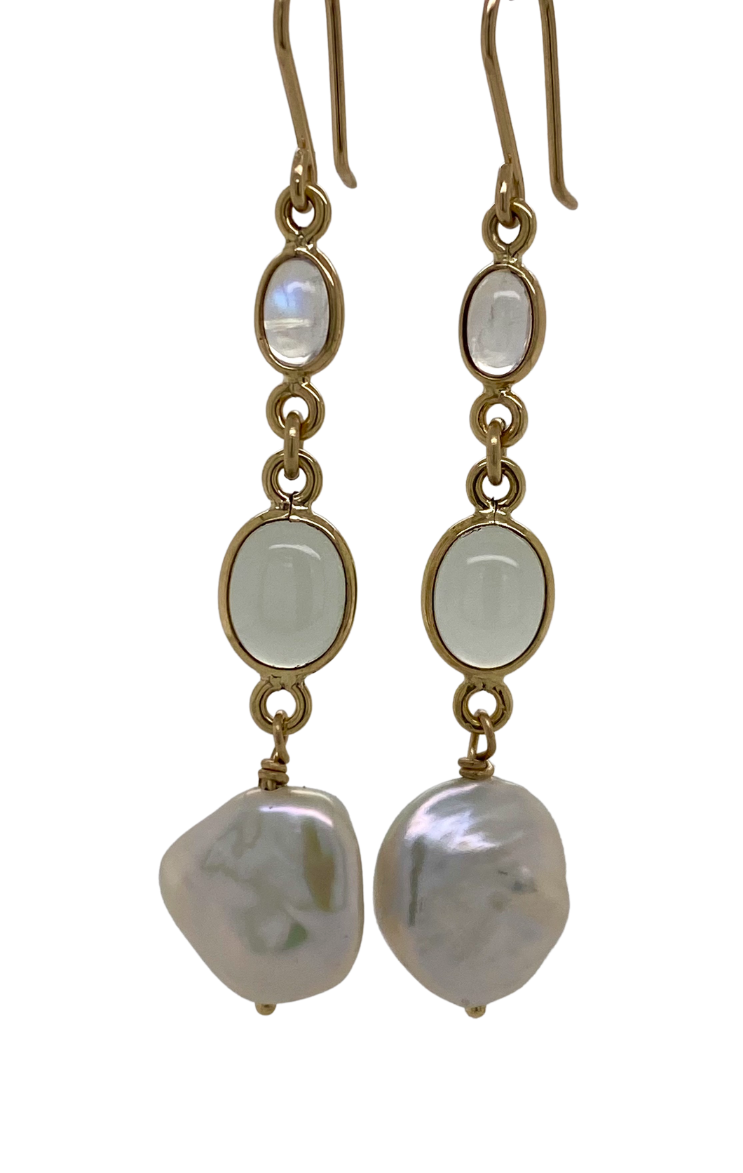 9ct Yellow Gold Rainbow Moonstone, Blue Agate and Baroque Pearl Earrings