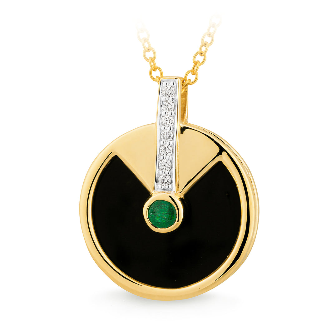 9ct Yellow Gold Onyx, Diamond and Emerald Pendant. M626E